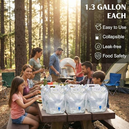 6 Pack 1.3 Gal (5L) Collapsible Water Containers with Spigot & Top Fill Cap, Dual Opening BPA Free PE Water Jug, Leak-Proof Storage Bag for Camping, Hiking and Outdoor Use, Portable & Foldable