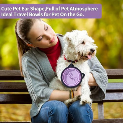 2Pack Silicone Collapsible Dog Bowls, Cute Pet Ear Shape and Cat Graphic Travel Water Bowl Full of Pet Atmosphere 25oz Portable Feeder for Small Large Dog Walking Hiking Camping (Purple and Grey) - color: Purple and Grey