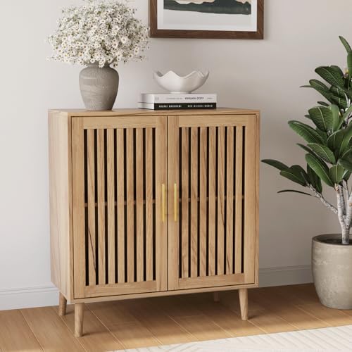 Smart FENDEE Sideboard Cabinet, 31.5" W Farmhouse Buffet Cabinet with Slatted Doors & Adjustable Shelf, Wooden Coffee Bar Storage Station for Kitchen, Dining Room, Living Room, Entryway, Natural - color: Natural Oak, size: 31.5 inch