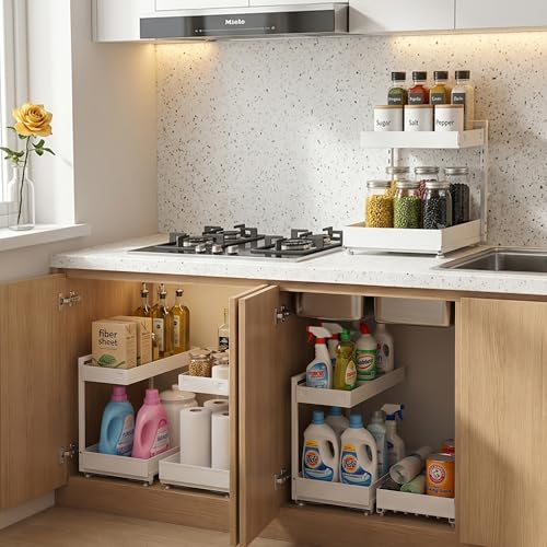 Under Sink Organizer, Bathroom Counter Organizer, 2 Packs 2-Tier Metal, Under Cabinet Storage, Makeup Storage, Adjustable Height & Slide-Out Drawer for Kitchen Bathroom, White