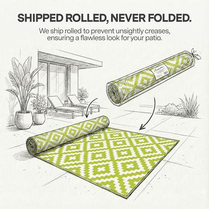 FH Home Outdoor Rug - Waterproof, Fade Resistant, Reversible - Premium Recycled Plastic - Geometric - Large Patio, Deck, Sunroom, Camping, RV - Aztec - Green & White Crease Free - 6 x 9 ft - color: Aztec - Green & White, size: 6' x 9' (Rectangular)