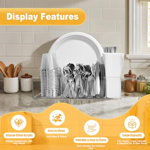 Acrylic Paper Plate Organizer and Dispenser – Extra Capacity Plate and Utensil Caddy for Plates, Cups, Napkins and Cutlery, Ideal for Kitchen, Parties, Picnics, Weddings, and Outdoor Events - size: Extra Capacity(13 x 8.66 Inch)