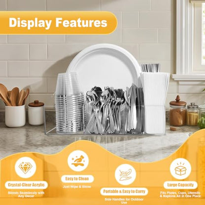 Acrylic Paper Plate Organizer and Dispenser – Extra Capacity Plate and Utensil Caddy for Plates, Cups, Napkins and Cutlery, Ideal for Kitchen, Parties, Picnics, Weddings, and Outdoor Events - size: Extra Capacity(13 x 8.66 Inch)