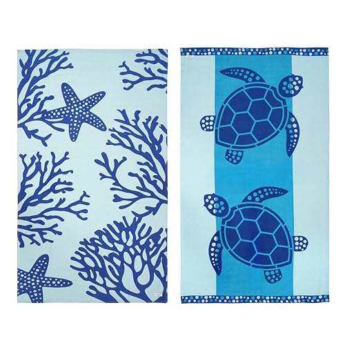 LANE LINEN Beach Towel 2 Pack, Oversized Beach Towel 39"x71", Lightweight Beach Essentials for Women, Large Pool Towel, Absorbent & Quick Dry, Sand Free Beach Towel - Turtle & Coral - color: 30: Turtle & Coral, size: Pack of 2