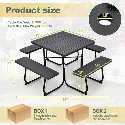 Tangkula 8 Person Picnic Table, Outdoor Square Picnic Table with 4 Built-in Benches, Umbrella Hole, Metal Frame & HDPE Tabletop, Outside Table and Bench Set for Backyard, 2300lbs Weight Capacity - color: Black