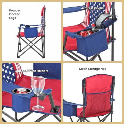 ARROWHEAD OUTDOOR Portable Deluxe Folding Camp Quad Chair w/Headrest, Glass & Cup Holders, Armest 6-can Cooler, Heavy Duty Carry Bag, 550 lbs Weight Capacity - color: Us Flag