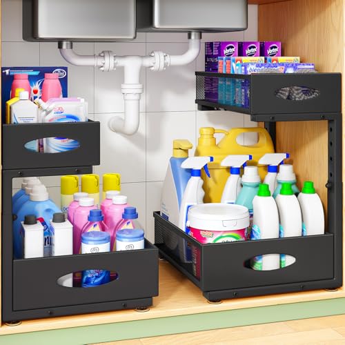 Under Sink Organizer, 2-Pack Pull Out Cabinet Organizer 2 Tier Metal Slide Out Storage Shelf Rack, L-Shaped Adjustable Height,Mesh Sliding Drawer for Kitchen, Bathroom, Laundry, Pantry, Black, XL - color: Black, size: 2-Pack