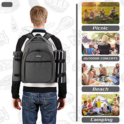 apollo walker Picnic Backpack Bag for 2 Person with Cooler Compartment, Detachable Bottle/Wine Holder, Fleece Blanket, Plates and Cutlery Set (2Person,Grey) - color: Grey1, size: 2 Person