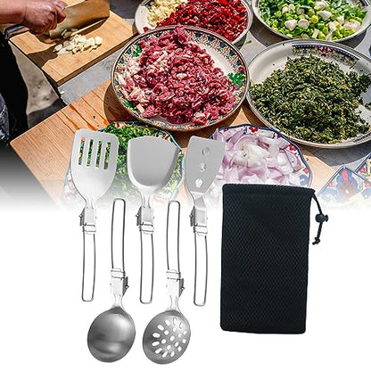 Esquirla 6Pcs Camp Cooking Utensil Set,Outdoor Kitchen Gear, Foldable Cooking Organizer Metal Camping Kitchen Utensil Set, Cookware Kit for Camp RV, BBQ