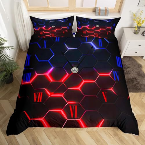 3D Honeycomb Duvet Cover Set Twin Size,Red and Blue Neon Light Hexagon Geometric Comforter Cover for Kids Boys Teens Bedroom,Abstract Art Polyester Soft Bedding Set with 1 Pillowcase, (No Comforter) - color: Multi 03, size: Twin 68"x90"