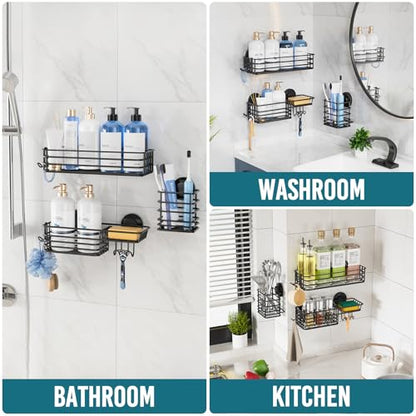 TAILI Shower Caddy Suction Cup, 3 Pack Shelves for Inside with Hooks & Soap Holder Toothbrush Cups, Removable Bathroom Organizer, Rustproof Black Shelves - style: 3 × Black