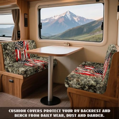 Deer Camo American Flag Pattern 2 Pcs RV Dinette Cushion Covers Washable Camper Cushion Slipcover Thickened Camper Seat Covers Dinette Booth Sofa Slipover for Travel Trailer Couch - color: Deer Camo American Flag