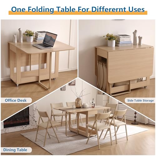 Folding Dining Room Table for 4/6 with 35.4" Extra Wide Space Saving Drop Leaf Table with Lockable Wheels & Storage, Heavy Duty Eco Solid Wood Top 300lb, Convertible Desk for Apartments/RV/Home Office - color: Wood