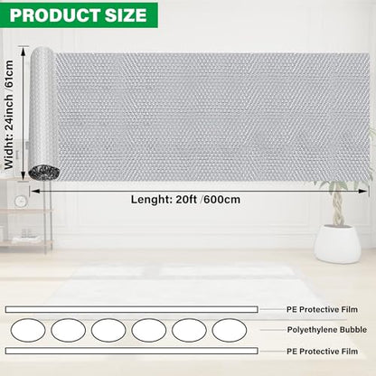 winemana Window Insulation Roll, 24IN x 20FT Reflective Heat Shield Bubble Film, Double-Sided Aluminum Foil Insulation, Weatherproof Garage Door Cover for Windows, RV, Basement, Winter & Summer - size: 24 in x 20 ft