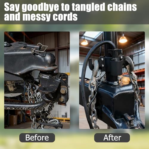 Aluminum Trailer Chain Holder, Trailer Towing Chain Organizer with 7 Way Rv Chain Plug Holder Cover, Heavy Duty Anti-Rust Cable Wire Harness Holder for 2" 2¼" Tongue Jack RV Camper Towing Accessories
