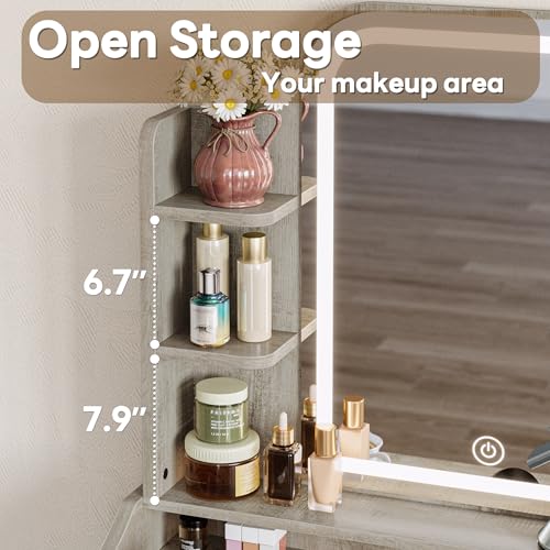 LIKIMIO Small Makeup Vanity Desk with Mirror and Lights, Vanity Table Set with Storage Drawer, Chair and Three Shelves, Bedroom, White Walnuts - color: White Walnuts