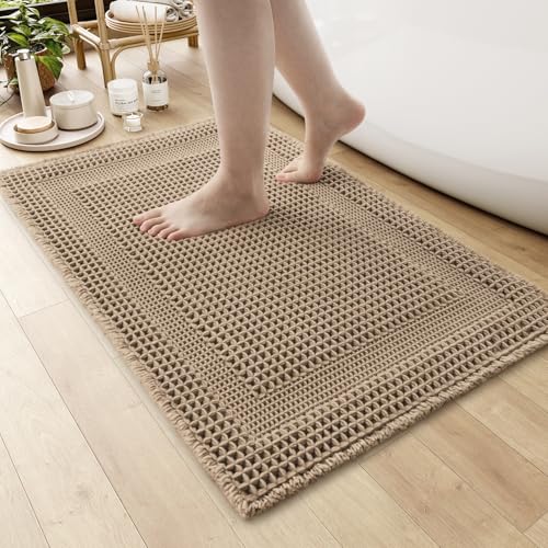 AMOAMI Waffle Bath-Mat, Absorbent Bath Mats for Bathroom Non Slip, Machine Washable Bathroom Rugs with Tassels Ultra Soft Boho Bath Rugs for Floor 17''x24'' Beige - color: Beige, size: 17"x24"