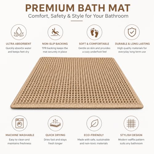 Waffle Bath Mat Non Slip Washable, Boho Bath Rug, Soft Absorbent Quick Dry Bath Mat for Shower Floor, Textured Waffle Weave Shower Rug, Farmhouse Bathmat Decor, 18x30 Inch