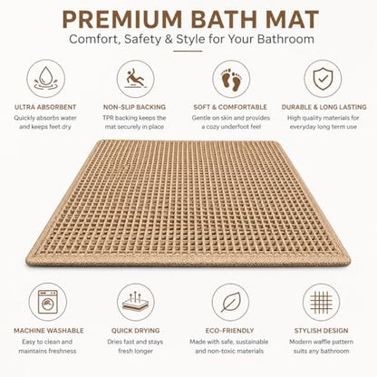 Waffle Bath Mat Non Slip Washable, Boho Bath Rug, Soft Absorbent Quick Dry Bath Mat for Shower Floor, Textured Waffle Weave Shower Rug, Farmhouse Bathmat Decor, 18x30 Inch