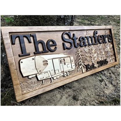 Personalized Camping Sign | Fifth Wheel Decor | Custom Camper Carved Wood Campsite Sign | Wooden RV Decor |Last Name 5th Wheel Trailer | Camping Gift