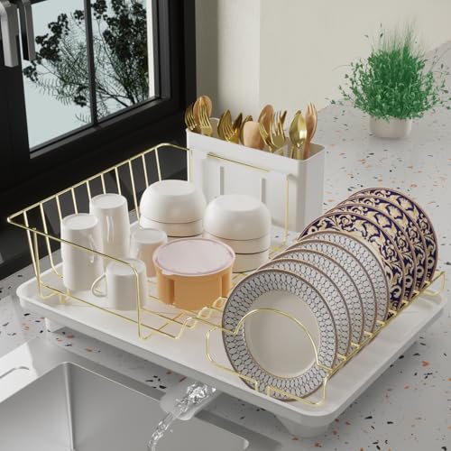 Buruis Dish Drying Rack for Kitchen Countertop, Large Capacity Gold Stainless Steel Dish Drainer with Anti-Slip Rubber Feet, Removable Drain Board and Utensil Holder (White Tray) - color: White Drainer