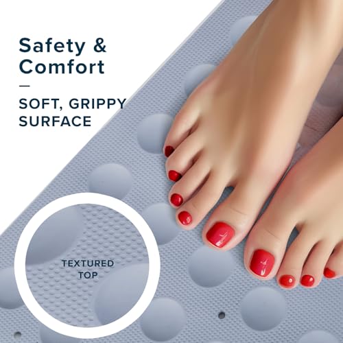 SlipX Solutions Square Natural Rubber Shower Stall Mat, 21” x 21”, Mildew Resistant, Non Slip Safety, Antimicrobial Product Protection, 140 Power Grip Suction Cups, Center Drain Hole, Gray - color: Gray
