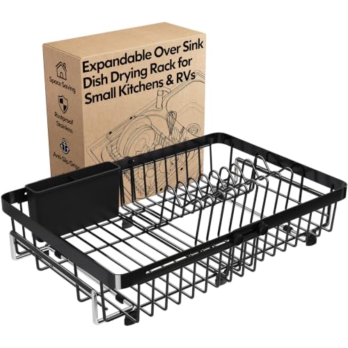 MAJALiS Dish Drying Rack Over The Sink with Utensil Holder | Expandable Stainless Steel Dish Drainer for Small Kitchen, Apartment, RV, Counter Space Saving, Perfect Fit, Rustproof - color: Black, size: For 13-30" W Sink