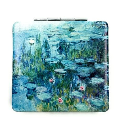 Small Handbag Monet Compact Mirror - Folding Pu Leather, Unique Water Lilies Travel Mirror for Sister - color: Water Lilies Square