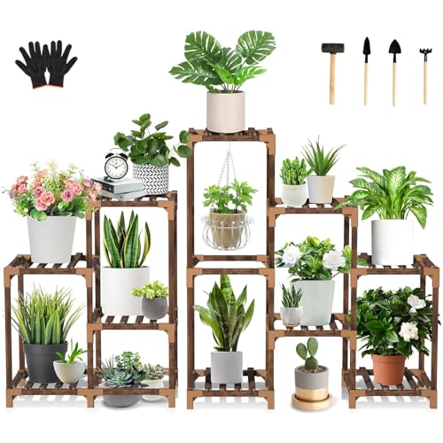 Uneedem Wood Plant Stand Indoor Outdoor Corner Plant Shelf Stand, 5 Tiered 10 Potted Flower Plant Stands for Indoor Plants Multiple, Plant Shelves Stands Rack for Living Room, Patio, Balcony - size: 10 Tiers