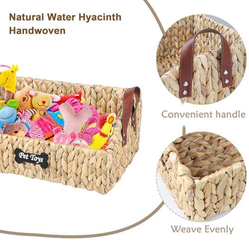 Trapezoid Pet Dog Toy Basket,Medium Dog Toy Bin,Wicker Storage Basket for Dog Cat Toys,Dog Storage Organizer for Leash Blanket Toys Snacks -Natural Farmhouse Water Hyacinth