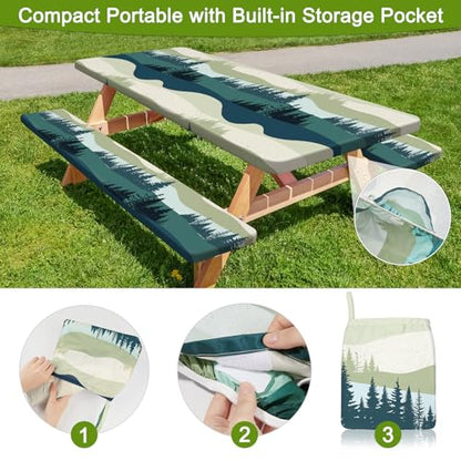 Picnic Table Cover with Bench Covers Portable Table Cloth Built-in Storage Pocket Fitted Tablecloth with Elastic Edges Waterproof Camping Essentials for Indoor Outdoor Rv,72in,Green Blue