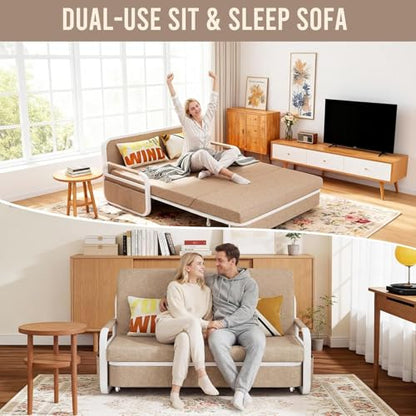 62" Pull Out Sofa Bed, 3 in 1 Convertible Sleeper Sofa, Full Size Loveseat Couch Bed with Storage, Trundle and 2 Pillows for Living Room, Bedroom, Dorm, RV,Office (Saddle Tan 809) - size: 62"- Full Size