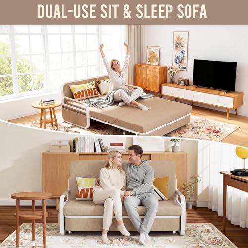 62" Pull Out Sofa Bed, 3 in 1 Convertible Sleeper Sofa, Full Size Loveseat Couch Bed with Storage, Trundle and 2 Pillows for Living Room, Bedroom, Dorm, RV,Office (Saddle Tan 809) - size: 62"- Full Size