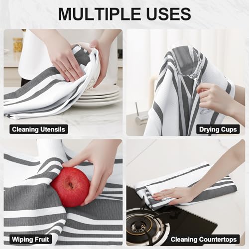 Homaxy Premium Kitchen Towels 18”x 28”, Large Cotton 380 GSM Kitchen Hand Towels, Stripe and Terry Dish Towel, Highly Absorbent Tea Towel Set with Hanging Loop, 12 Pack, Black - color: Black Stripe, style: 12-pack