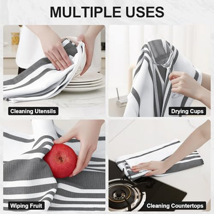 Homaxy Premium Kitchen Towels 18”x 28”, Large Cotton 380 GSM Kitchen Hand Towels, Stripe and Terry Dish Towel, Highly Absorbent Tea Towel Set with Hanging Loop, 8 Pack, Black - color: Black Stripe, style: 8-pack