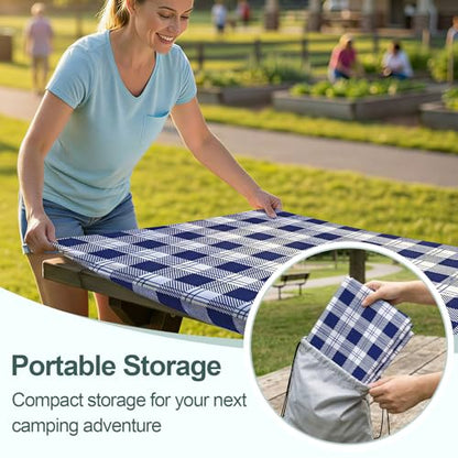 Picnic Table Cover with Bench Covers Camping Essentials Waterproof Windproof Camping Tablecloth with Drawstring Bag, Fitted Rectangle Tables and Seats, 72in, Blue Checkered - color: Blue Checkered, size: 72in