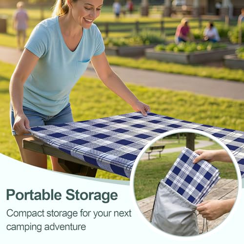 Play Tailor Picnic Table Cover with Bench Covers Camping Essentials Waterproof Windproof Camping Tablecloth with Drawstring Bag, Fitted Rectangle Tables and Seats, 96in, Blue Checkered - color: Blue Checkered, size: 96in