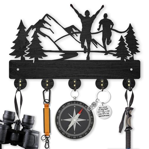 MAYJOYDIY Marathon Wall Mount Coat Rack 11.8×8inch Mountain Tree Key Holder Run Wood Wall Coat Rack Hooks with 5 Metal Hooks for Hanging Sports Medals Bracelets Hats Keys Storage Gift Home Decor - color: Marathon