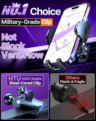 HTU 2026 Ultimate Best【True Military-Grade & Safety Cert】Car Phone Holder【Upgraded 360 Rotation & 100+LBS Strongest Suction】5-in-1 Truck Windshield Dashboard Vent Mount Stand for iPhone Android,Purple - color: Purple