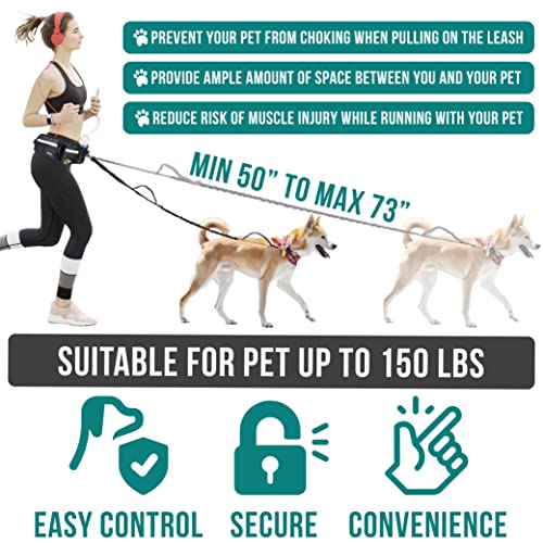 PetAmi Hands Free Dog Leash, Dog Running Leash Belt Bag for Walking, Jogging, Dog Waist Double Zipper Pouch with Poop Bag Dispenser, Dual Padded Handles Reflective Bungee Leash, Single (Black) - color: Black, size: 1 Leash