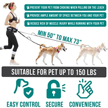 PetAmi Hands Free Dog Leash, Dog Running Leash Belt Bag for Walking, Jogging, Dog Waist Double Zipper Pouch with Poop Bag Dispenser, Dual Padded Handles Reflective Bungee Leash, Single (Black) - color: Black, size: 1 Leash