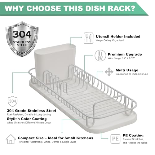 SunnyPoint 304 Stainless Steel NeverRust Compact Dish Drying Rack with Utensil Holder & Removable Drain Tray, Rustproof Small Dish Rack for Kitchen Countertop or Over Sink – White - color: Wht