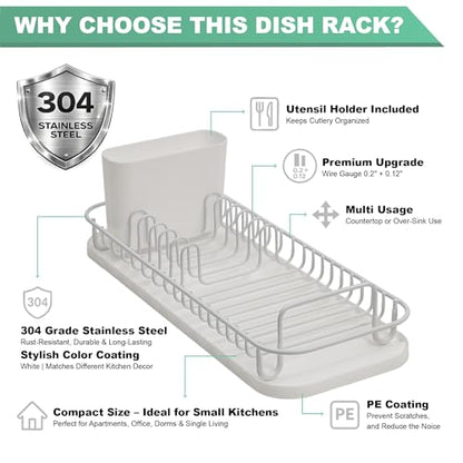 SunnyPoint 304 Stainless Steel NeverRust Compact Dish Drying Rack with Utensil Holder & Removable Drain Tray, Rustproof Small Dish Rack for Kitchen Countertop or Over Sink – White - color: Wht