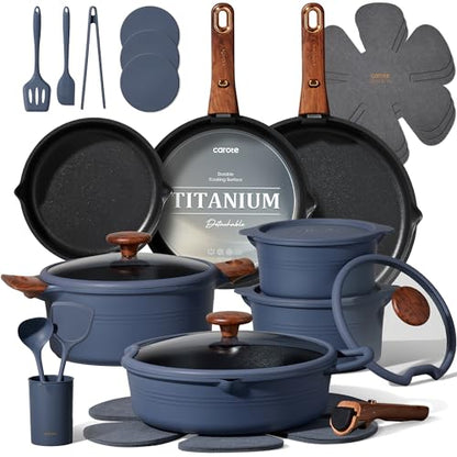 CAROTE 30-Piece Titanium Cookware Set, Nonstick Pots and Pans Set with Detachable Handle, RV Kitchen Cooking Set, Camping Use, Induction Compatible, Dishwasher & Oven Safe - color: Blue