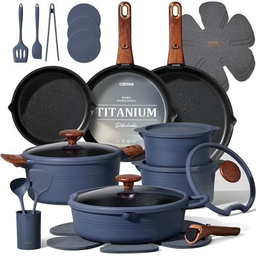 CAROTE 30-Piece Titanium Cookware Set, Nonstick Pots and Pans Set with Detachable Handle, RV Kitchen Cooking Set, Camping Use, Induction Compatible, Dishwasher & Oven Safe - color: Blue
