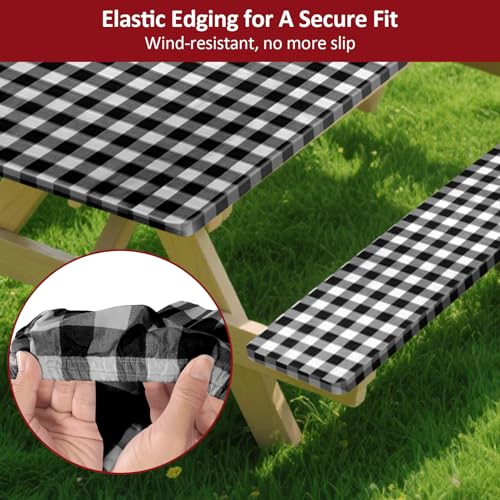 7ft Picnic Table and Bench Cover, Camping Essentials RV Gear, 84 in Waterproof Windproof Outdoor Elastic All Around Tablecloth, Fitted Rectangle Tables and Seats, Black-White Checkered - color: Black-white Checkered, size: 84"