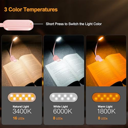 Gritin 16 LED Rechargeable Book Light for Reading in Bed- Eye Caring 3 Color Temperatures, Stepless Dimming Brightness, 80 Hrs Runtime, Lightweight Flexible Clip on Light for Book Lovers-Pink | Eye Caring 3 Color Temperatures, Stepless Dimming Brightness,