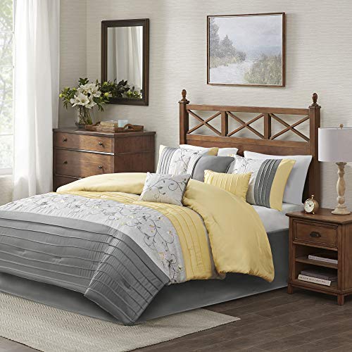 Madison Park Serene Faux Silk Comforter Set - Floral Embroidery Design, All Season Bedding Set, Matching Bed Skirt, Decorative Pillows, Yellow Queen(90"x90") 7 Piece - color: Yellow, size: Queen