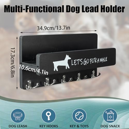 Wood Dog Leash Holder for Wall, Key Hangers with 5 Double Key Hooks, Dog Leash Hanger Wall Mounted for Entryway, Farmhouse Treats,35cm,Black - color: Black