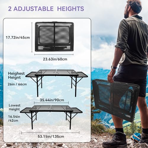 BRIAN & DANY 3x2 FT Camping Table with 2 Wing Panels, Folding Grill Table, Metal Portable Picnic Table, Lightweight Height Adjustable Foldable Table for Outdoor, Black - size: 4.4x2FT